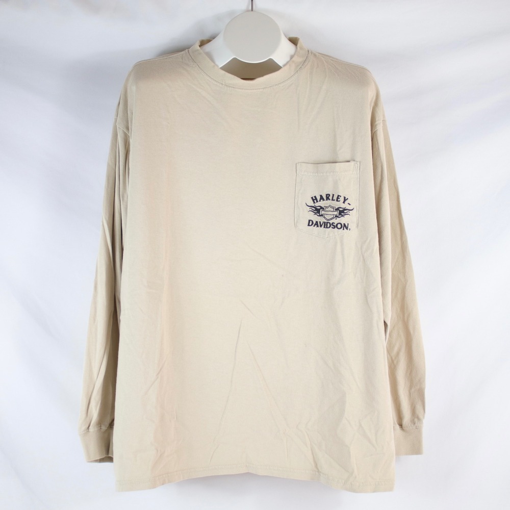 Harley-Davidson Tan Beige Long Sleeve Graphic Pocket T-Shirt Men's Size XL